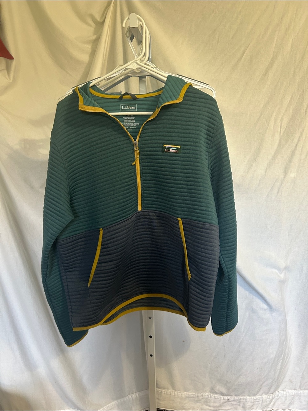 L.L. Bean Green and Navy Half-Zip Pullover with Yellow Trim
